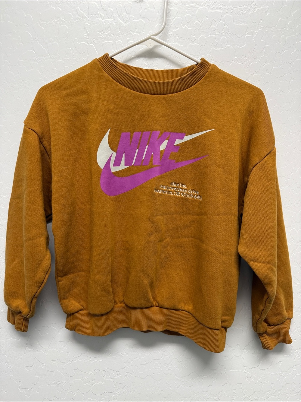 Nike Mustard Brown Crewneck Sweatshirt with White and Magenta Logo